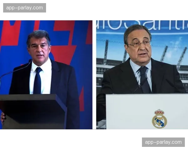 特写：看台上的弗洛伦蒂诺，在皇马绝杀后与身旁的拉波尔塔握手